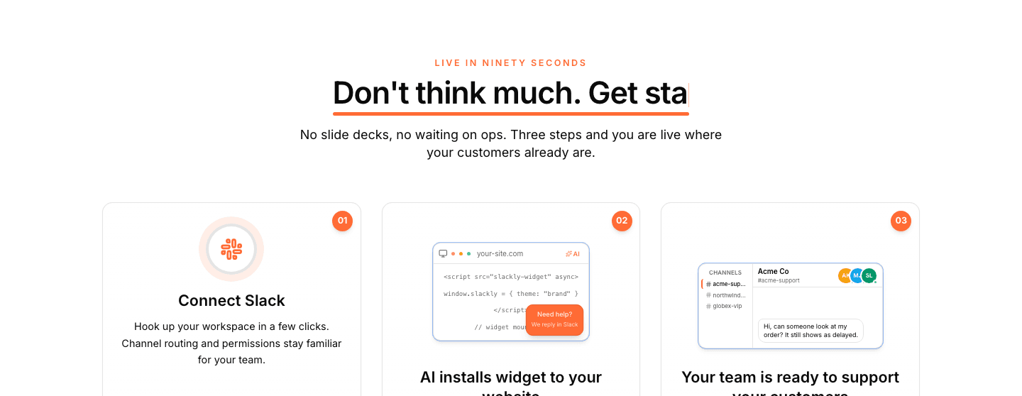 Live in ninety seconds โ connect, install, support Slackly three-step setup: connect Slack, install widget, go live